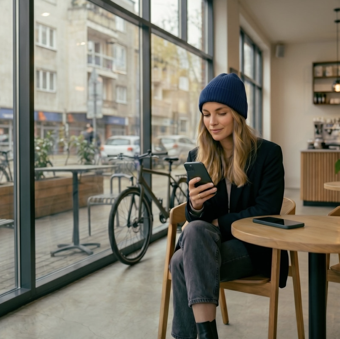 Egyéni vállalkozó a telefonján intézi az adóügyeit egy kávézóban