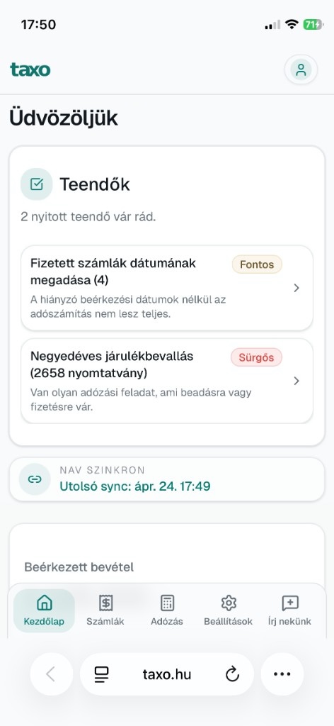 Taxo iPhone dashboard preview